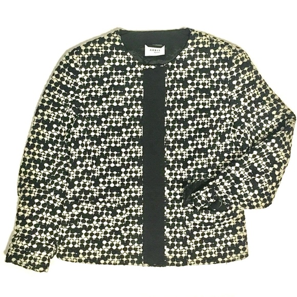 AKRIS PUNTO Blazer Jacket Tweed Dot Embroidered Wool Belted Waist Black White 8 - Picture 6 of 16